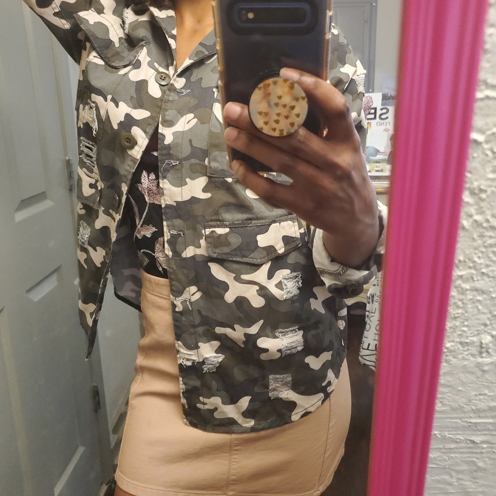 Distressed Oversized Camouflage Jacket